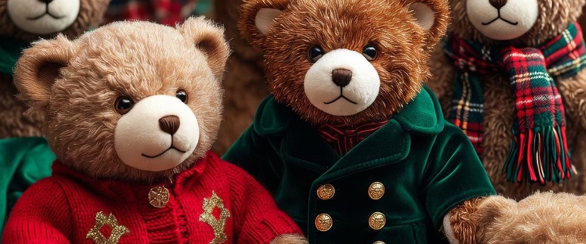 Collection of luxury dressed Christmas teddy bears in red and green festive outfits with gold details arranged on dark green velvet surface - grok imagine