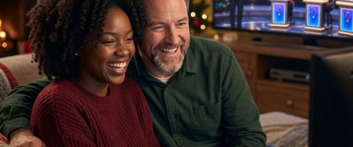 Cosy couple watching Christmas panel quiz show on television with biscuits and Christmas tree glowing in background - grok imagine