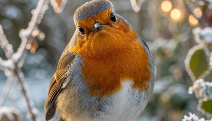 Curious robin redbreast perched on snow covered garden branch looking at camera showing unique breast pattern - grok imagine