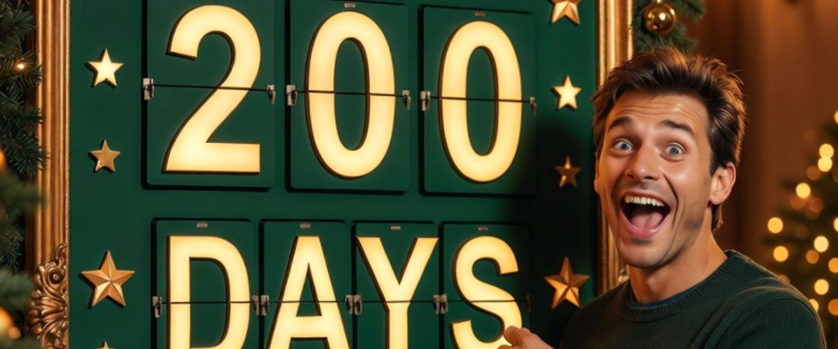 Giant advent calendar countdown board showing less than 200 days until Christmas with excited person pointing at number - grok imagine