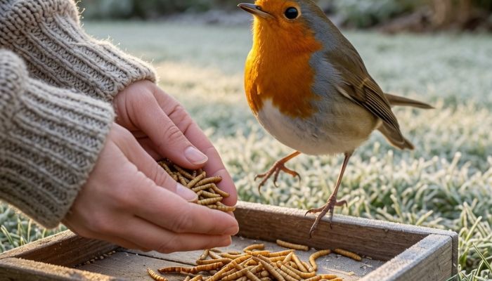 Hands placing mealworms on wooden garden feeding tray with friendly robin hopping towards food on frosty morning - grok imagine