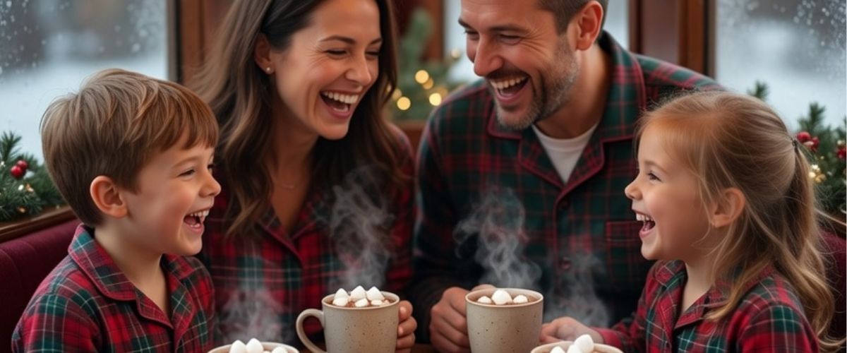 Happy family in festive pyjamas aboard decorated Christmas train carriage with hot chocolate cookies and golden tickets - grok imagine