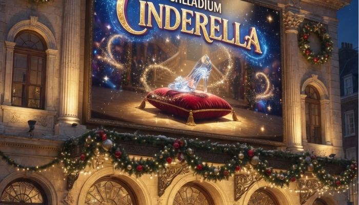 London Palladium style theatre exterior lit with golden lights and Christmas pantomime billboard with excited families queuing outside - grok imagine