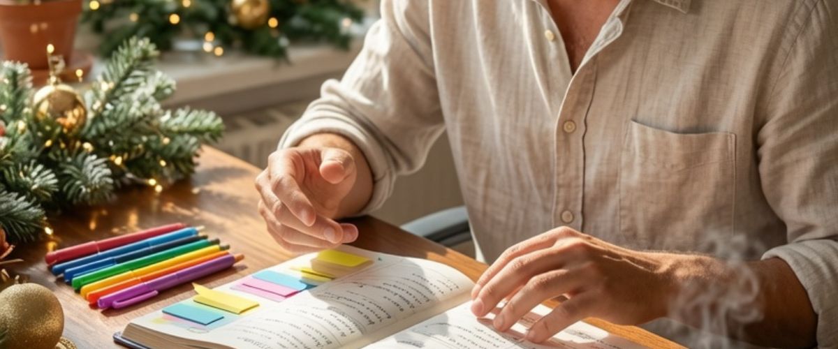 Organised person making Christmas plans at decorated desk in summer with planning journal pens and tea - grok imagine