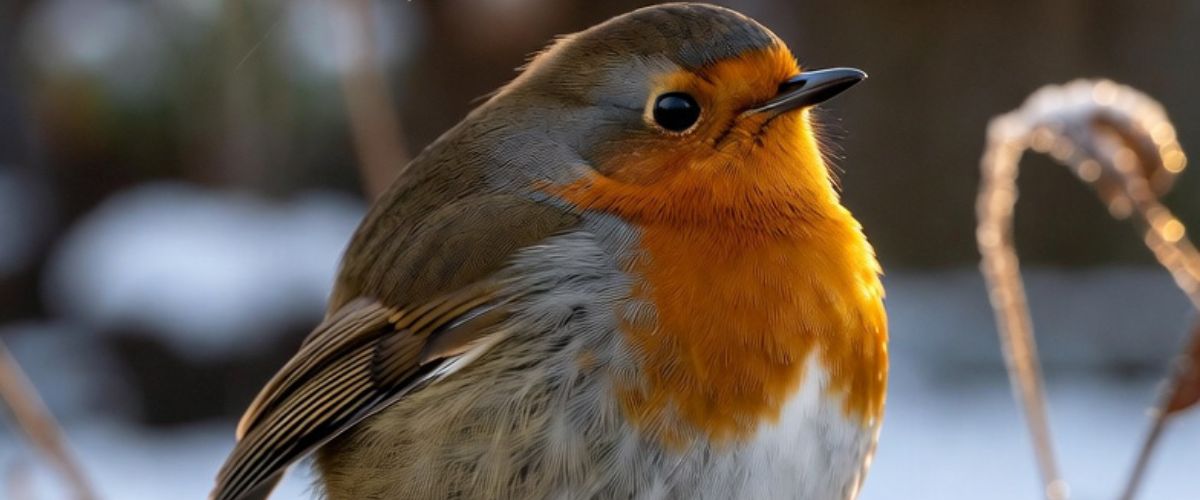 Plump robin redbreast perched on snow dusted garden fence post on crisp winter morning with brilliant red breast glowing - grok imagine