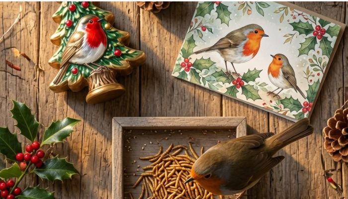Robin themed Christmas gifts including tree decorations Christmas card bird feeding station and wildlife camera on rustic surface - grok imagine