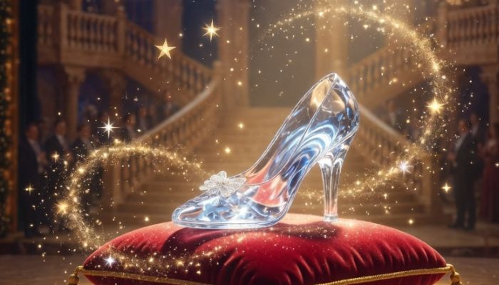 Sparkling Cinderella glass slipper on velvet cushion surrounded by golden fairy dust and Christmas stars on pantomime stage - grok imagine