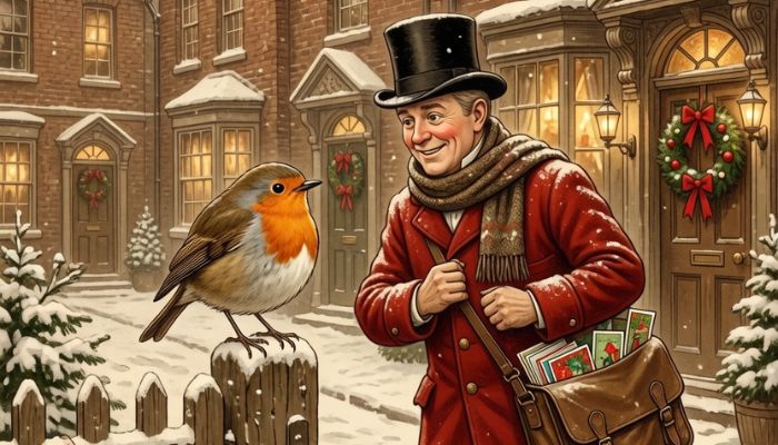 Victorian postman in red coat delivering Christmas cards through snowy village with robin perched on garden gate nearby - grok imagine