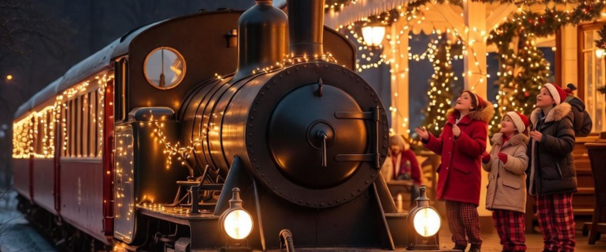 Vintage steam train pulling into decorated Christmas station platform with excited family in festive pyjamas waiting - grok imagine