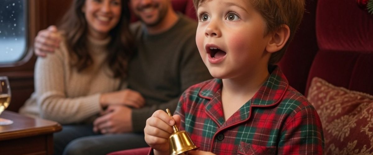 Young child in Christmas pyjamas holding golden bell on magical Christmas train with expression of complete wonder - grok imagine