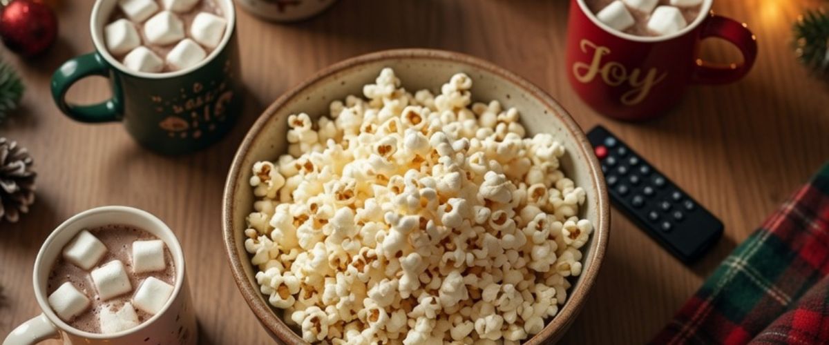 Cosy Christmas movie night flat lay with popcorn hot chocolate mugs and tartan blanket on coffee table - grok imagine