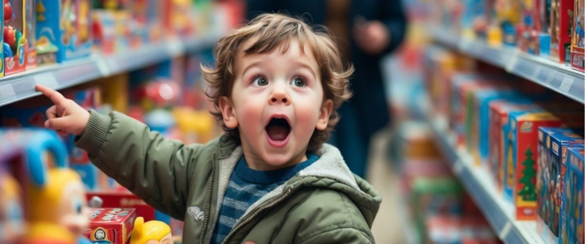 Excited young child pointing at shelves of Christmas toys in brightly lit toy concession with parent watching warmly - grok imagine