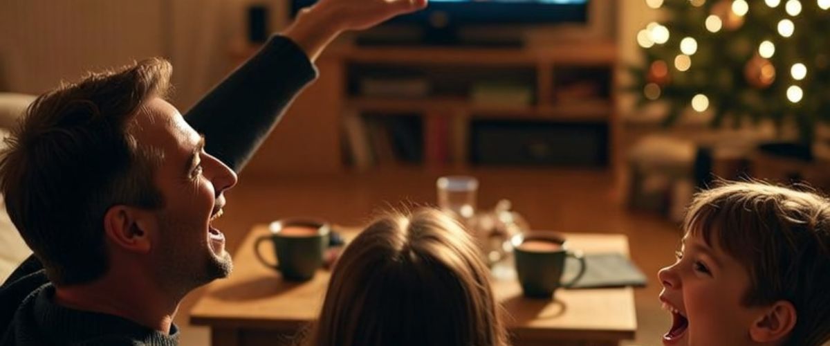 Family of four laughing together watching Christmas film on sofa with popcorn and hot chocolate near decorated tree - grok imagine