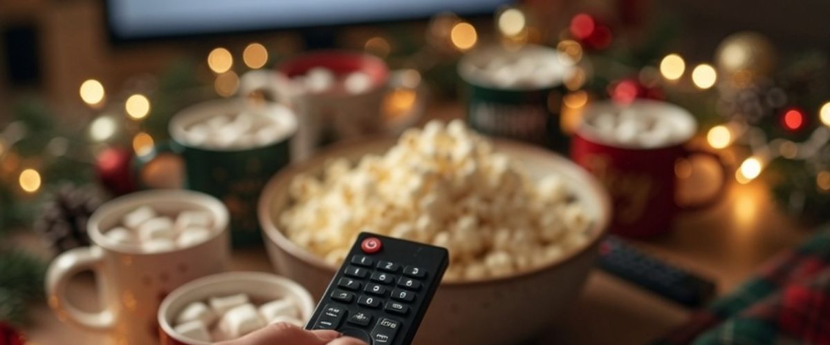 Hand holding television remote pointed at glowing screen in cosy Christmas decorated living room - grok imagine