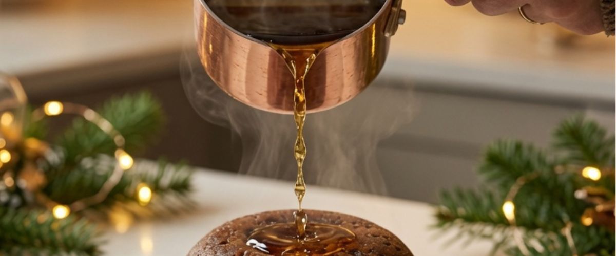 Hands carefully pouring warmed brandy over a Christmas pudding ready for flambéing - grok imagine