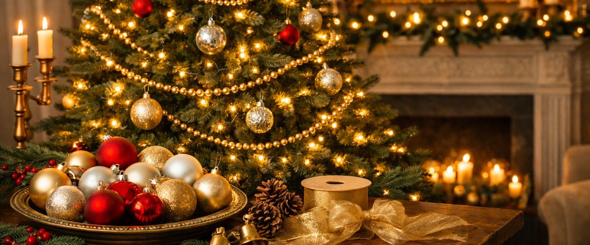 Hands carefully wrapping warm golden LED fairy lights around fresh pine Christmas tree branches