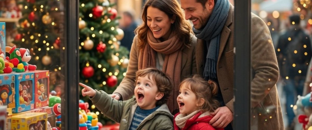 Happy family of four walking into high street store on winter Christmas shopping day with festive decorations outside - grok imagine