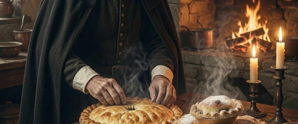 Medieval cook preparing oval meat and spice pie in wooden kitchen with fire and dried fruit nearby - grok imagine