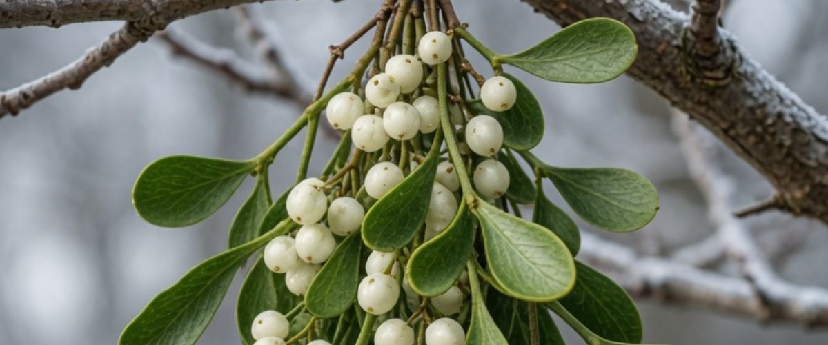 Mistletoe growing on bare winter tree branches with evergreen leaves and white berries against frosty sky - grok imagine