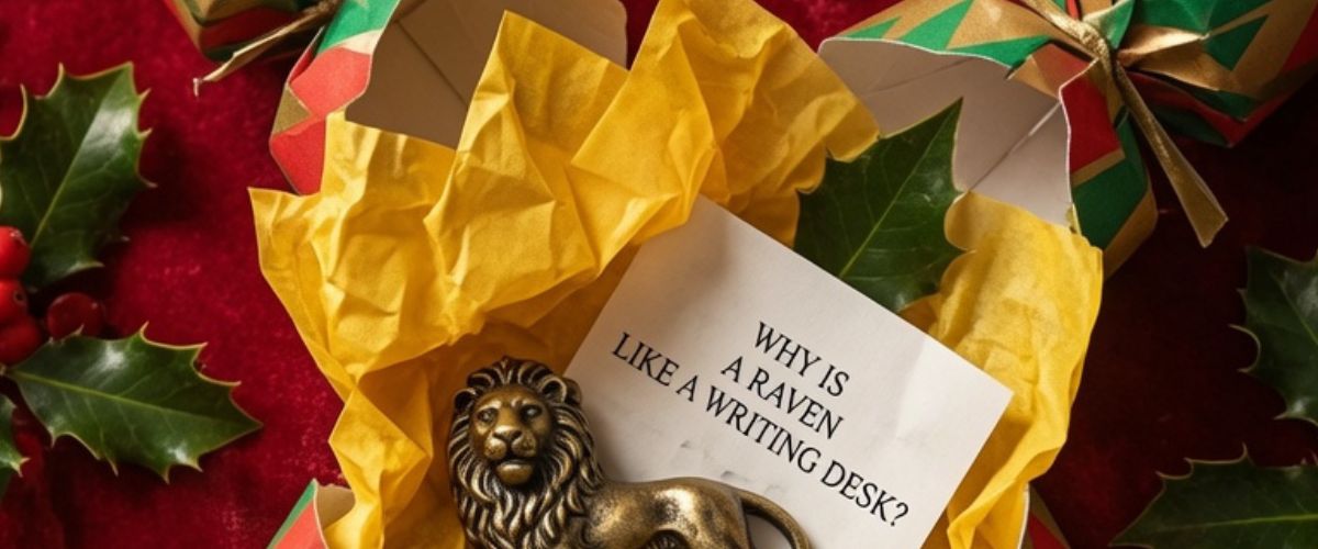 Opened Christmas cracker showing paper crown trinket gift and joke slip on red festive tablecloth - grok imagine