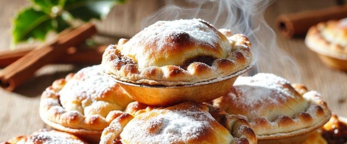 Plate of golden baked mince pies dusted with icing sugar on rustic table with holly and cinnamon - grok imagine