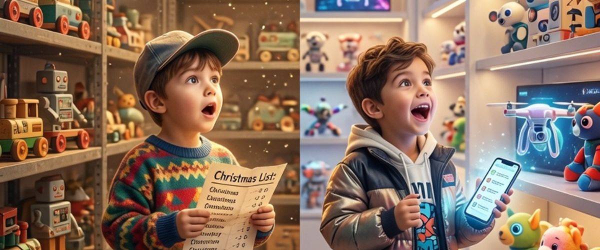 Split scene showing 1990s child and modern child both experiencing same magical joy of Christmas toy shopping - grok imagine
