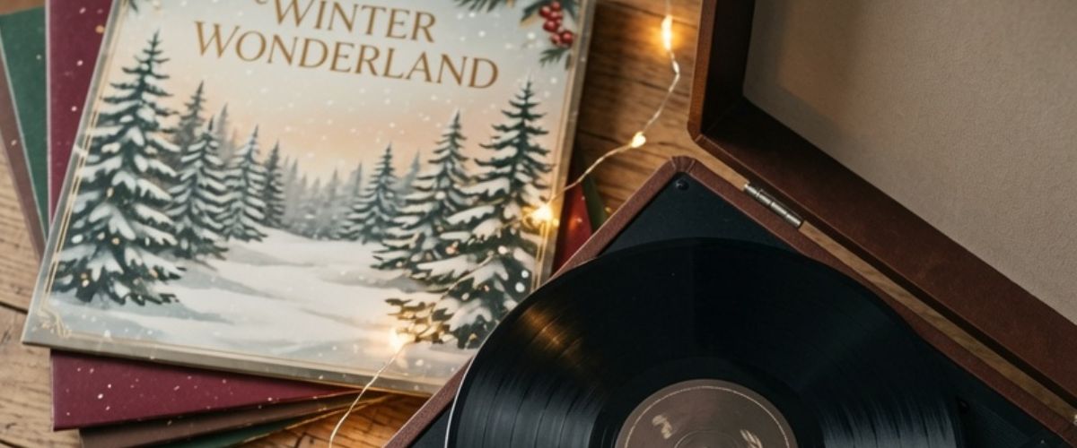 Top-down flat lay of a record player and festive vinyl records with fairy lights and greenery - grok imagine