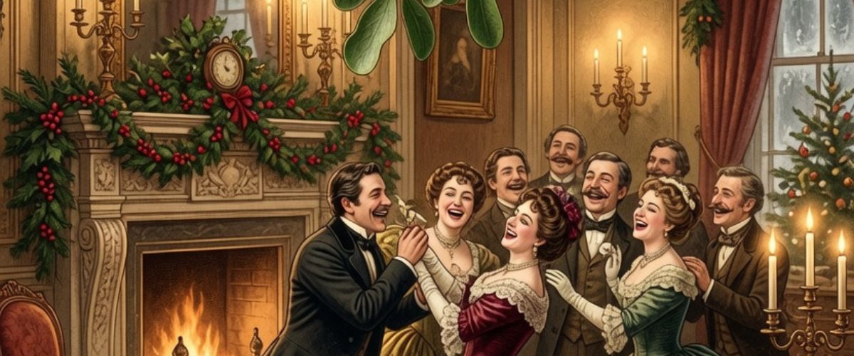 Victorian Christmas party guests laughing beneath hanging mistletoe in candlelit decorated parlour - grok imagine