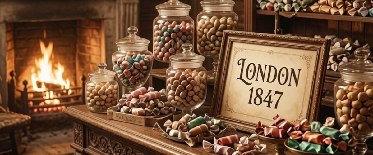 Victorian London sweet shop with twisted paper wrapped sweets and crackling fireplace in 1847 - grok imagine