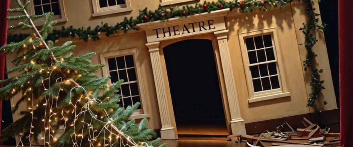 An empty theatre stage set with a wonky Christmas tree and tangled lights suggesting festive chaos - grok imagine - Mischief Theatre Christmas