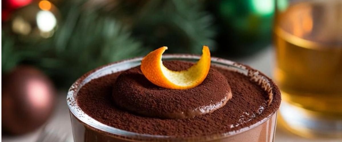 Light Christmas chocolate mousse recipe served in a glass dish with orange peel