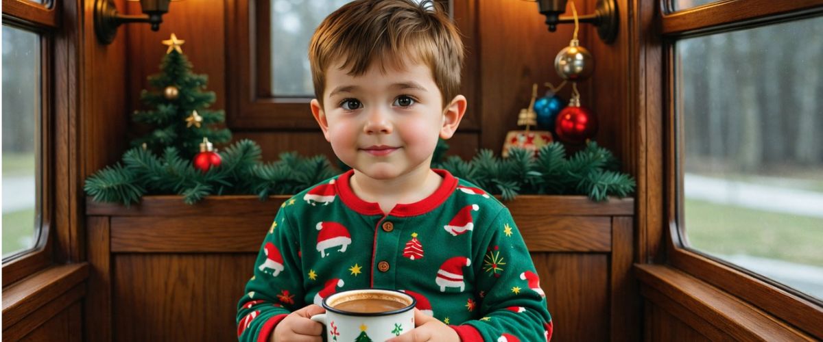 An image of a young boy sitting with hot chocolate on a christmas train ride