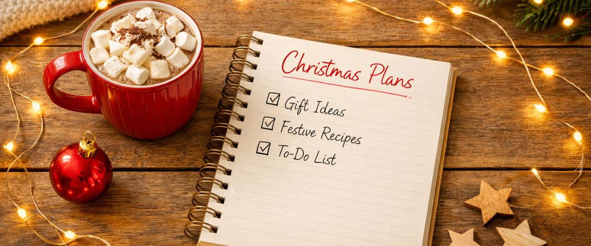 Signs your Christmas Obsessed - Christmas planning notebook open on a coffee table with fairy lights and hot chocolate
