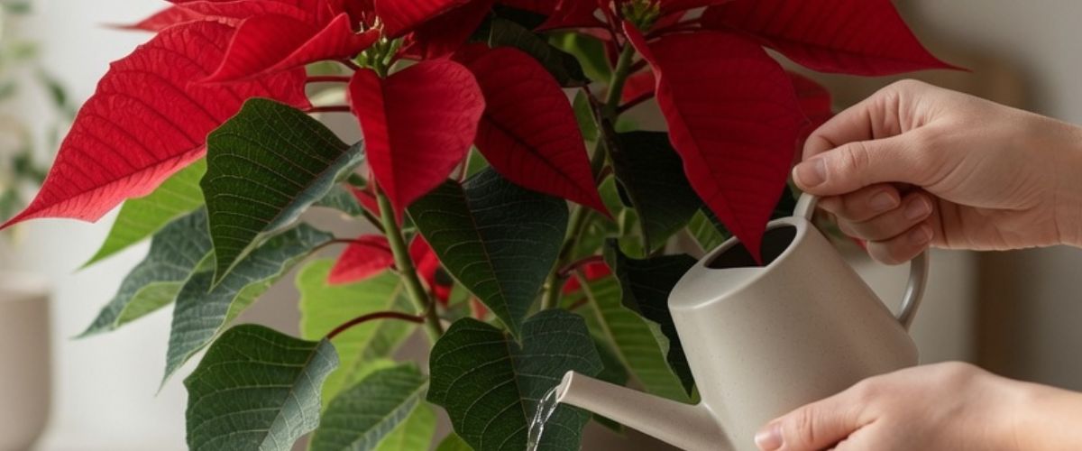 Hands watering a red poinsettia plant with a small ceramic watering can - grok imagine
