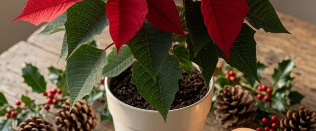Red poinsettia styled with cinnamon sticks, pine cones and holly on a rustic wooden surface - grok imagine
