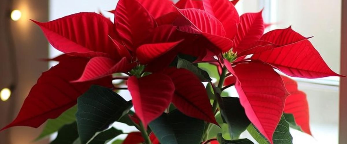 Vibrant red poinsettia in a white pot on a bright windowsill with soft Christmas decorations in the background - grok imagine