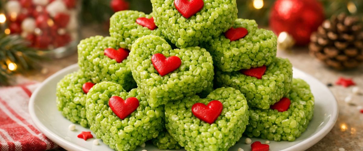Stack of green Rice Krispie heart treats with red hearts on a white plate on a festive Christmas surface - copilot ai image