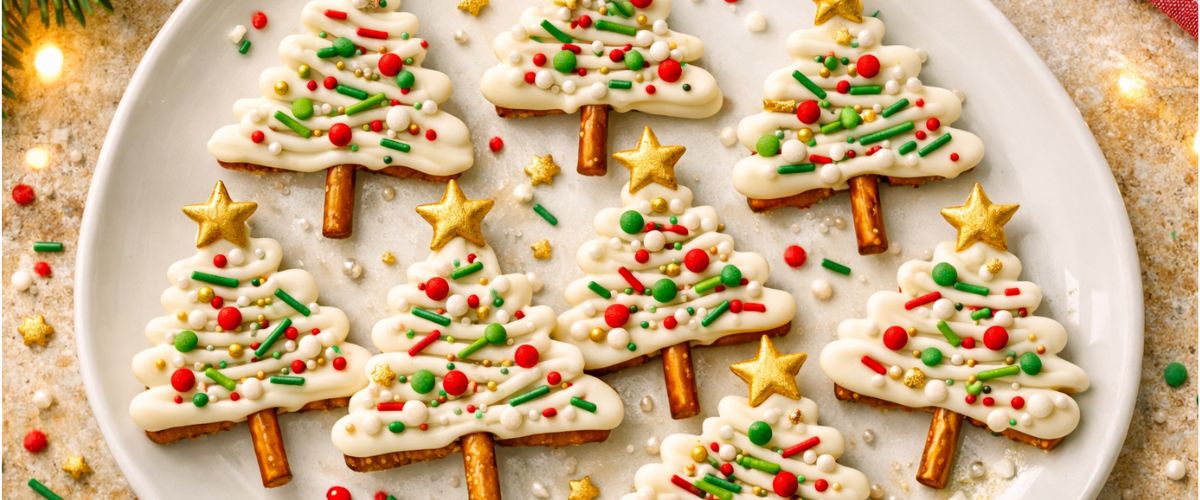 Plate of white chocolate Christmas tree pretzel sticks decorated with sprinkles and gold star toppers - copilot ai image