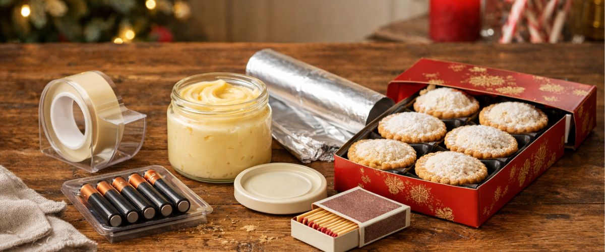 Christmas essentials laid out on a kitchen counter including batteries, sellotape, tin foil and mince pies