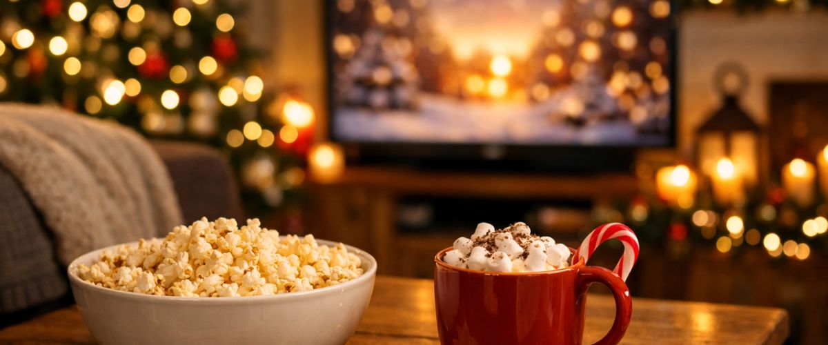 Cosy living room with glowing TV, popcorn and hot chocolate ready for a Christmas film night