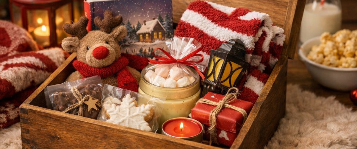 Open wooden Christmas Eve box on a living room floor filled with festive treats beside a glowing Christmas tree