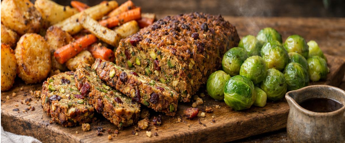 Sliced pistachio and cranberry nut roast on a board with roast potatoes, parsnips, carrots and sprouts
