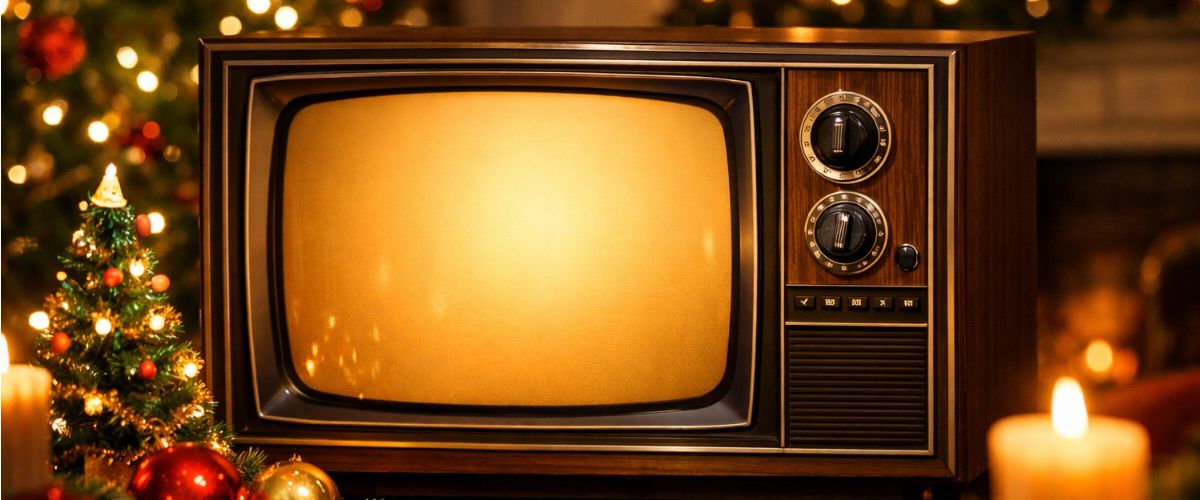 Vintage television set glowing warmly in a cosy Christmas living room with fairy lights in the background
