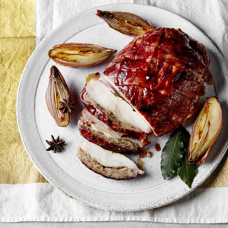 Bacon Wrapped Turkey Breast with a Plum, Spiced Ginger & Honey Stuffing with Tangy Plum Glaze