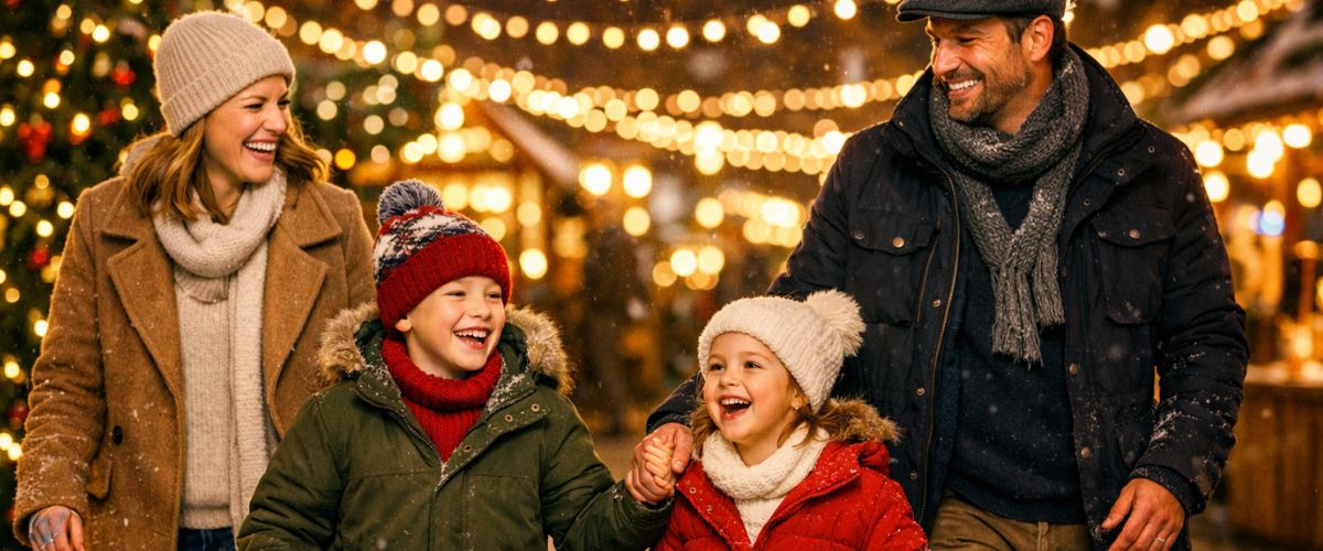 Joyful family walking through a beautifully illuminated Christmas event at night with fairy lights glowing all around them