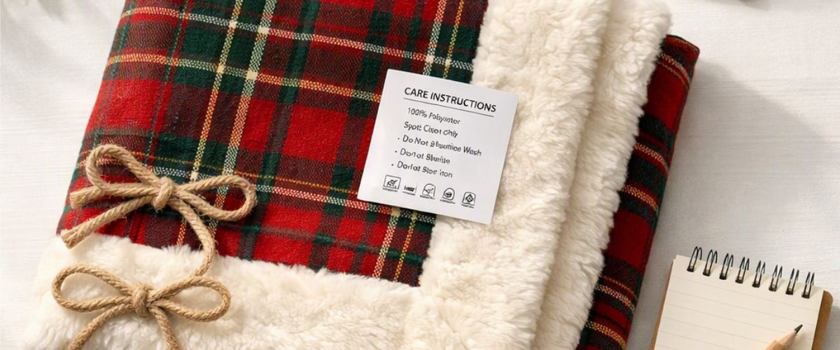 Christmas tree skirt folded with care label visible alongside reading glasses on a white surface - ai image