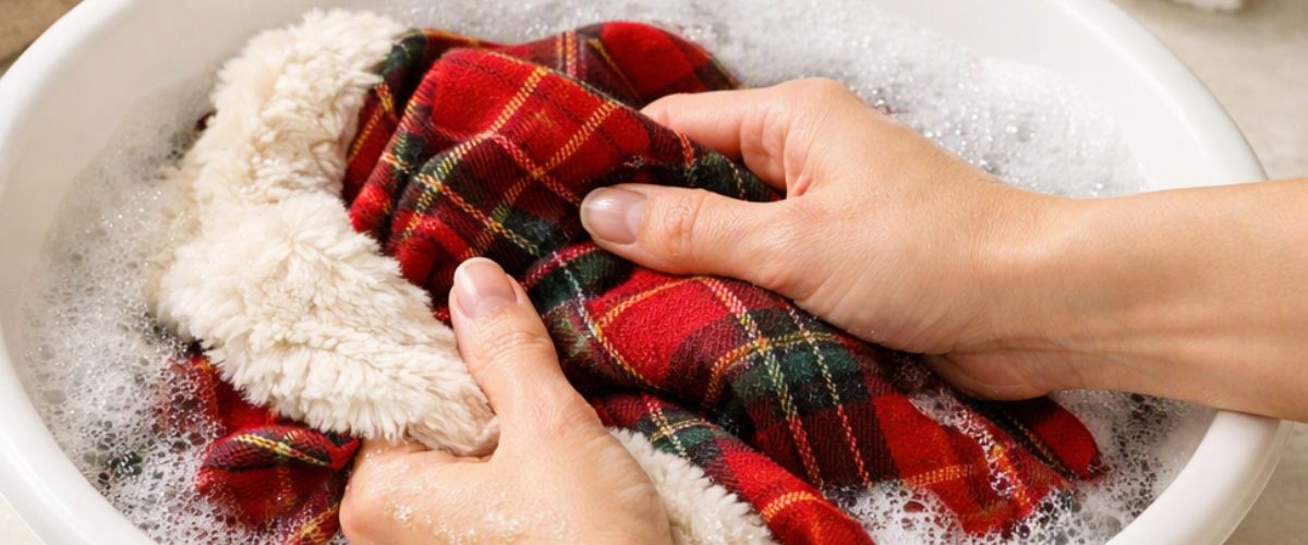 Hands gently hand washing a red fabric Christmas tree skirt in a white basin of soapy water - ai image