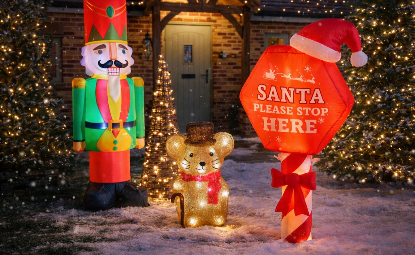 festive outdoor christmas display featuring inflatable nutcracker, illuminated mouse figure, and santa please stop here sign in front of brick house with twinkling lights and falling snow - AI.