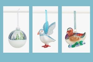 John Lewis Snowy Mountain Bauble, Puffin Bauble and Manderin Duck Bauble
