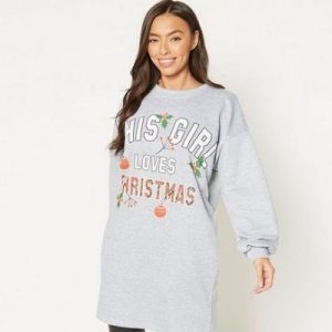 This Girl Loves Christmas Oversized Grey Sweater Dress